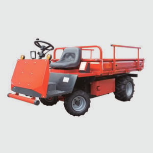 Side view of a heavy-duty electric trolley for farms and orchards.