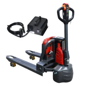 Economic electric pallet truck with lithium battery, front view, 3300 lbs capacity