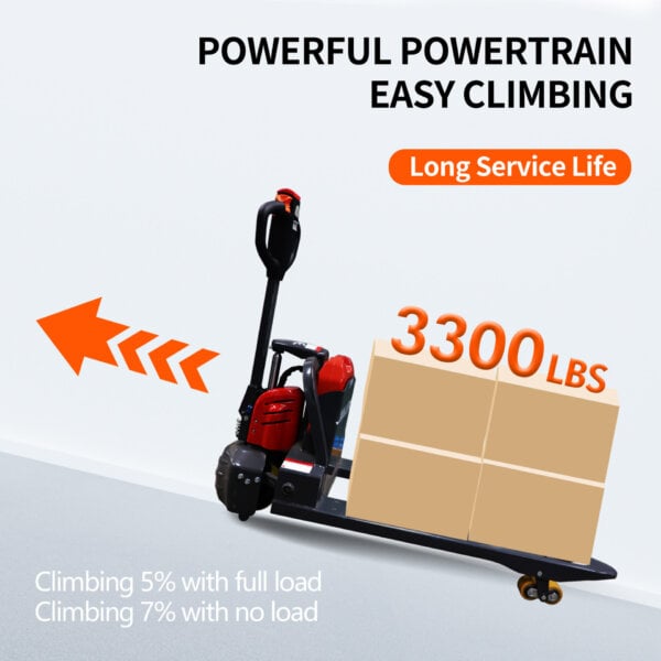 Electric pallet truck navigating a narrow aisle, 45 inches wide