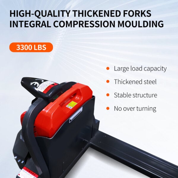 Complete 3300 lbs electric pallet truck with lithium battery, all features visible