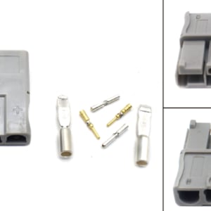 Gray battery connector with plus and minus polarity markings