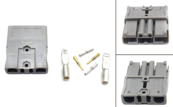 LI7208 battery connector with polarity markings Gray battery connector with plus and minus polarity markings