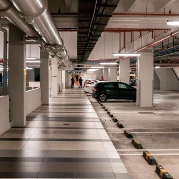 Marvel Robot in Car Parking Garage Marvel robot cleaning a car park garage floor
