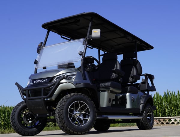 New 4+2 Seater Golf Cart - Canton Fair 2026 Latest Model New 4+2 seater golf cart with four main seats and two rear seats, featuring LFP battery and CarPlay screen